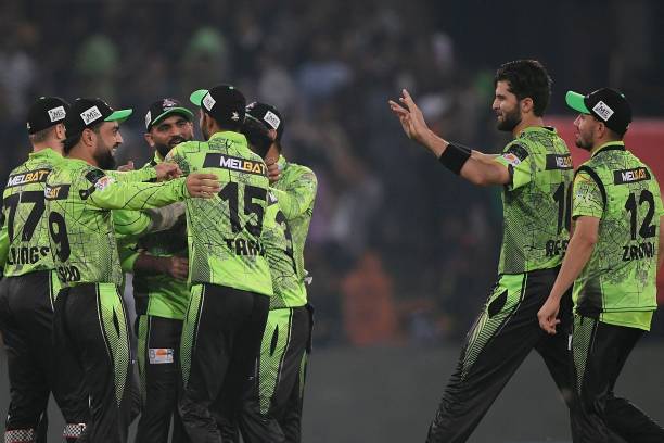 Lahore Qalandars' players celebrate after the dismissal of Multan Sultans' Kieron Pollard during the Pakistan Super League Twenty20 cricket final...