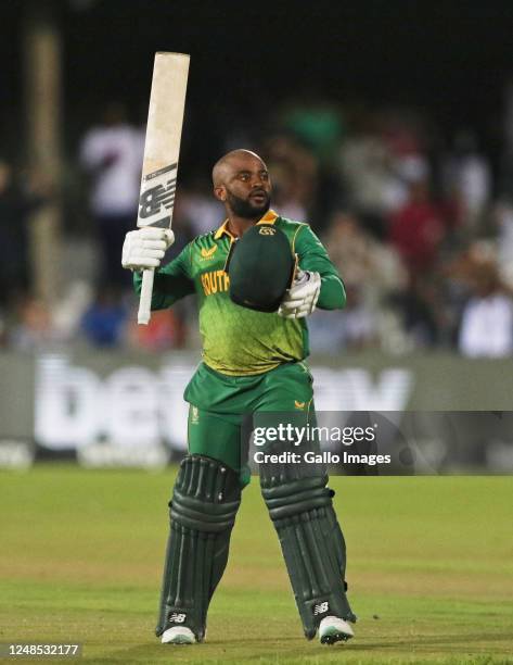 Temba Bavuma of South Africa celebrates a century during the 2nd Betway ODI match between South Africa and West Indies at Buffalo Park on March 18,...