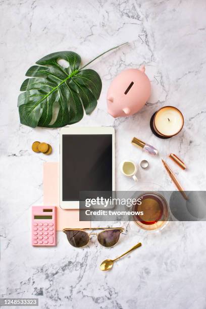 stylised feminine flat lay table top still life. - silver make up stock pictures, royalty-free photos & images