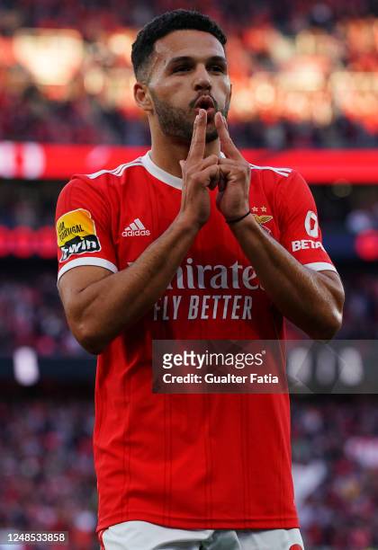 Goncalo Ramos of SL Benfica celebrates after scoring a goal during the Liga Portugal Bwin match between SL Benfica and Vitoria Guimaraes at Estadio...