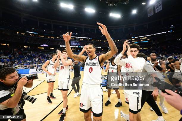 Keshad Johnson of the San Diego State Aztecs celebrates the win against the Furman Paladins during the second round of the 2023 NCAA Men's Basketball...