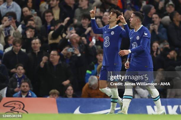 Joao Felix of Chelsea celebrates after scoring a goal to make it 1-0 during the Premier League match between Chelsea FC and Everton FC at Stamford...