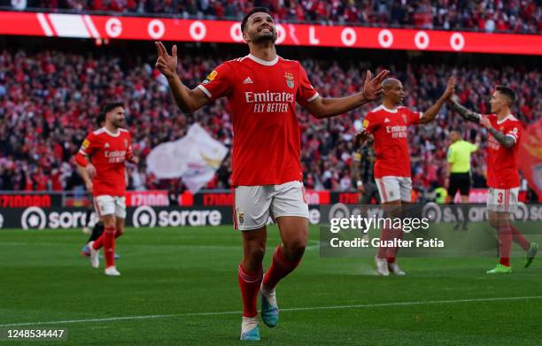 Goncalo Ramos of SL Benfica celebrates after scoring a goal during the Liga Portugal Bwin match between SL Benfica and Vitoria Guimaraes at Estadio...