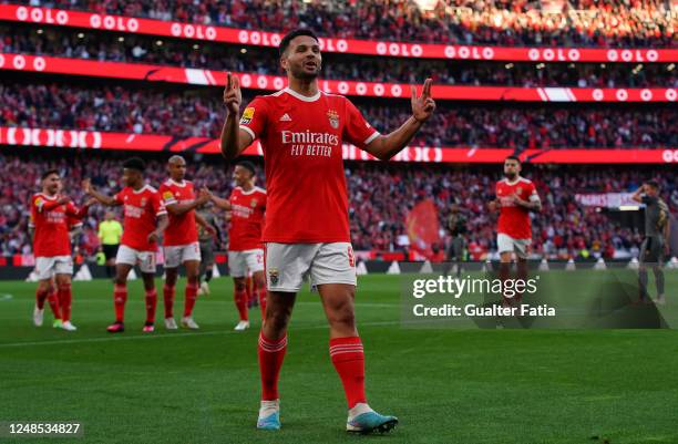 Goncalo Ramos of SL Benfica celebrates after scoring a goal during the Liga Portugal Bwin match between SL Benfica and Vitoria Guimaraes at Estadio...