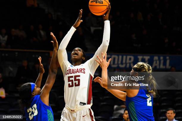 Bella Murekatete of the Washington State Cougars shoots the ball while being guarded by Sha Carter and Sophia Stiles of the Florida Gulf Coast Eagles...