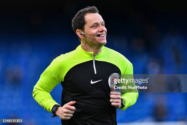 The referee Darren England warming up before during the Premier League match between Chelsea and Everton at Stamford Bridge, London on Saturday 18th...