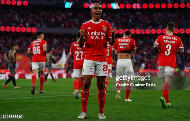 Joao Mario of SL Benfica celebrates after scoring a goal during the Liga Portugal Bwin match between SL Benfica and Vitoria Guimaraes at Estadio da...