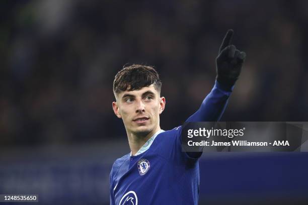 Kai Havertz of Chelsea celebrates after scoring a goal to make it 2-1 during the Premier League match between Chelsea FC and Everton FC at Stamford...