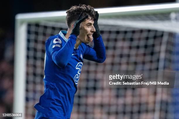 Kai Havertz of Chelsea FC celebrates after scoring goal during the Premier League match between Chelsea FC and Everton FC at Stamford Bridge on March...