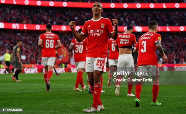 Joao Mario of SL Benfica celebrates after scoring a goal during the Liga Portugal Bwin match between SL Benfica and Vitoria Guimaraes at Estadio da...