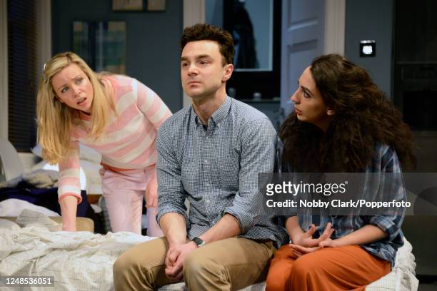 British actors Antonia Kinlay, Ilan Goodman and Alisa Joy performing as Melody, Liam and Daphna in a dress rehearsal for the play "Bad Jews" written...