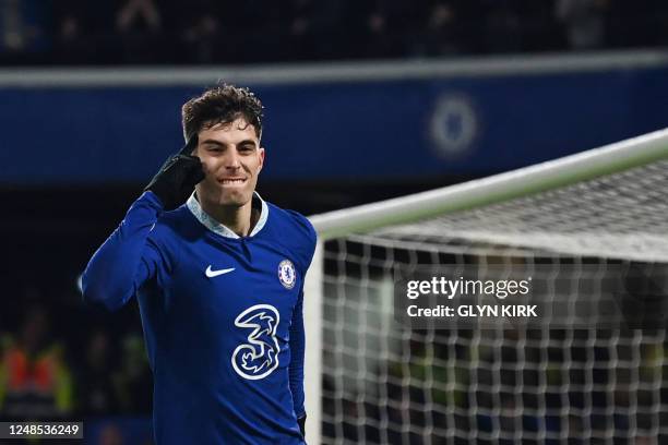 Chelsea's German midfielder Kai Havertz celebrates after scoring his team second goal during the English Premier League football match between...