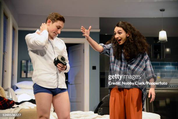 British actors Jos Slovick and Alisa Joy performing as Jonah and Daphna respectively in a dress rehearsal for the play "Bad Jews" written by Joshua...