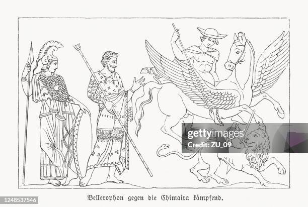 ilustraciones, imágenes clip art, dibujos animados e iconos de stock de bellerophon con pegaso luchando contra la quimera, grabado en madera, publicado en 1868 - lion-fight-drawing
