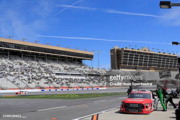 Akinori Ogata of Japan pits his Toyota Tundra race truck during the NASCAR Craftsman Truck Series Fr8 208 race on March 18, 2023 at the Atlanta Motor...