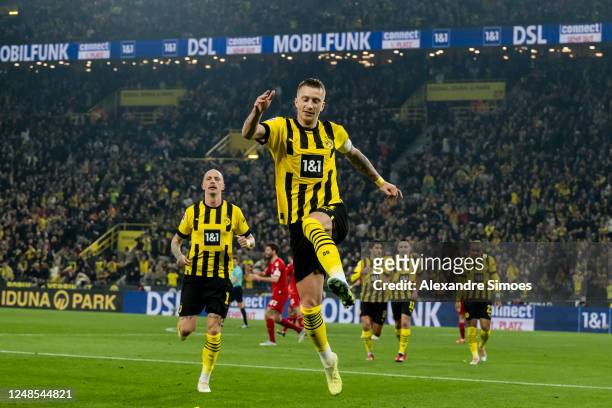 Marco Reus of Borussia Dortmund is celebrating a goal during the Bundesliga match between Borussia Dortmund and 1. FC Köln at Signal Iduna Park on...
