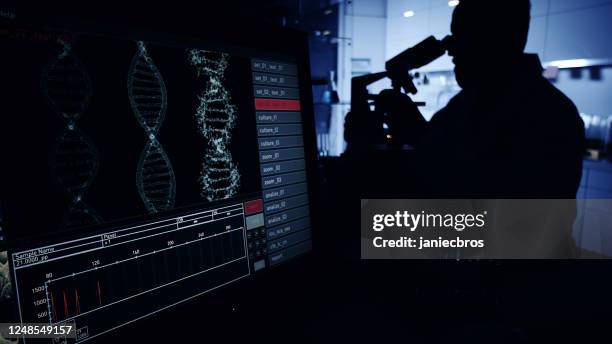 scientist silhouette in laboratory research. dna on computer screen - equipamento de laboratório imagens e fotografias de stock