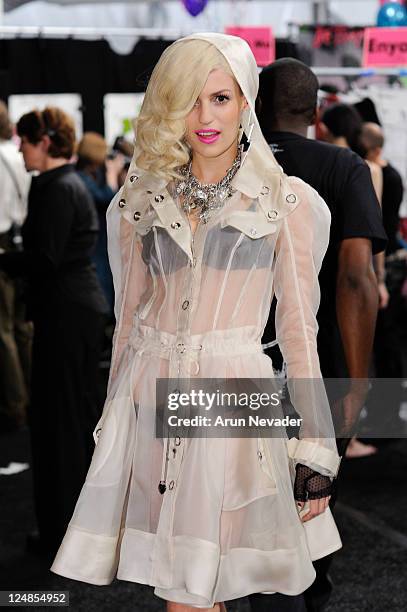 Model backstage at the Betsey Johnson Spring 2012 fashion show during Mercedes-Benz Fashion Week at The Theater at Lincoln Center on September 12,...