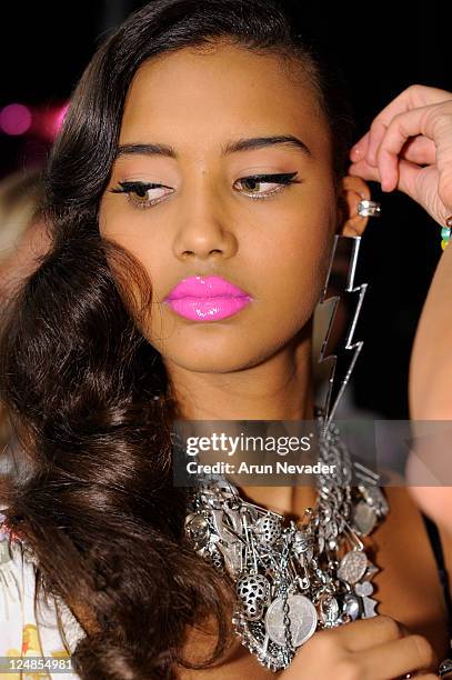 Model backstage at the Betsey Johnson Spring 2012 fashion show during Mercedes-Benz Fashion Week at The Theater at Lincoln Center on September 12,...