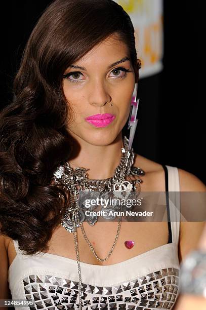 Model backstage at the Betsey Johnson Spring 2012 fashion show during Mercedes-Benz Fashion Week at The Theater at Lincoln Center on September 12,...