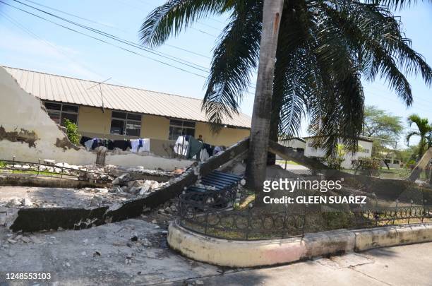 View of debris after an earthquake in the city of Machala, Ecuador on March 18, 2023. - Four dead in southern Ecuador and damage to buildings after...