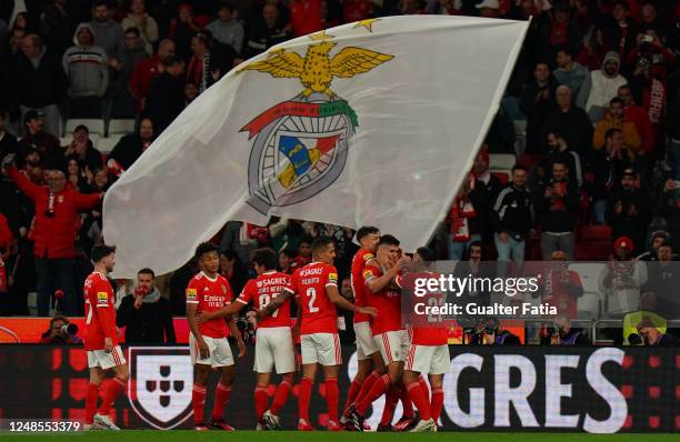 Antonio Silva of SL Benfica celebrates with teammates after scoring a goal during the Liga Portugal Bwin match between SL Benfica and Vitoria...