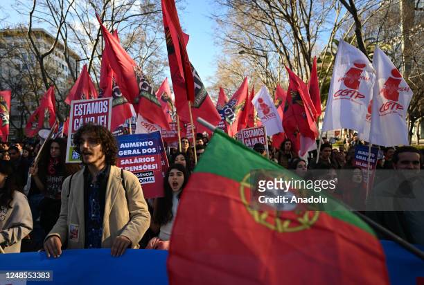 Protesters line the streets during a national demonstration on the 18th of March in Lisbon, Portugal. The Common Front federation of unions is...