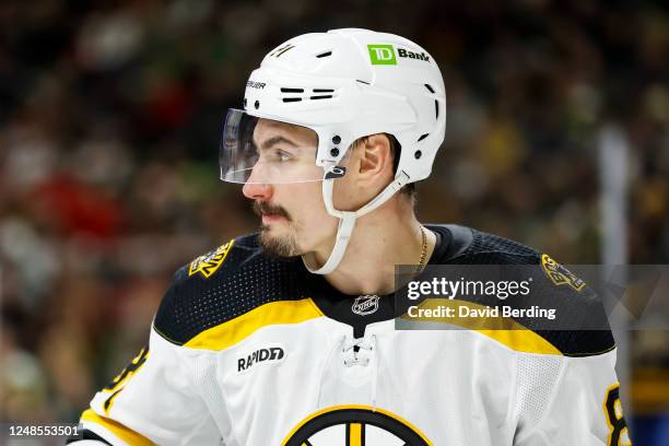 Dmitry Orlov of the Boston Bruins looks on against the Minnesota Wild in the third period of the game at Xcel Energy Center on March 18, 2023 in St...