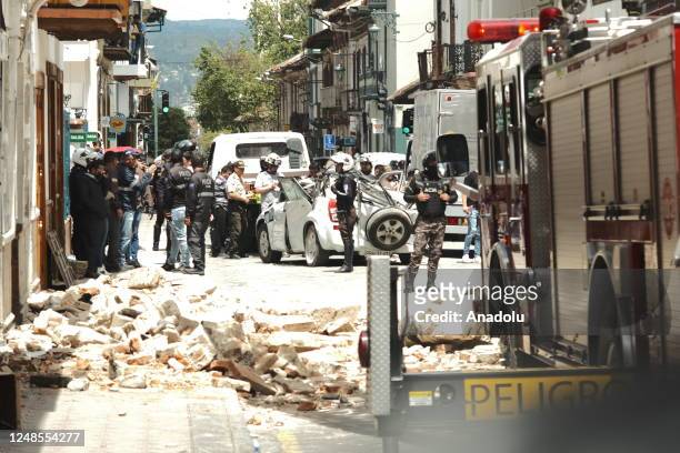 Police take security measures after 6,8 magnitude earthquake hit the town of Balao in Ecuadorâs Azuay province on March 18, 2023 in Cuenca, Ecuador....