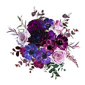 Marvelous violet, purple and burgundy anemone, dusty mauve and lilac rose, dark dahlia