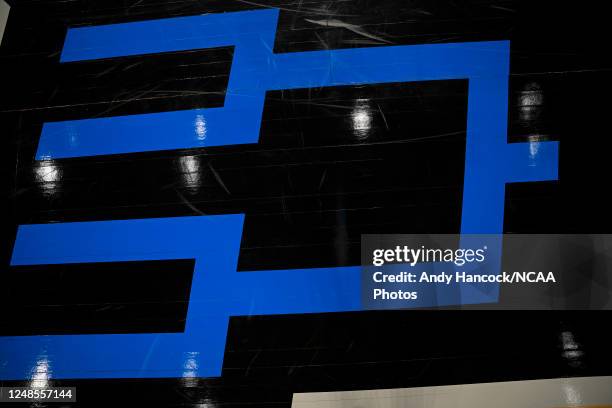 Detail image of a March Madness bracket on the court before the Auburn Tigers and Houston Cougars matchup during the second round of the 2023 NCAA...