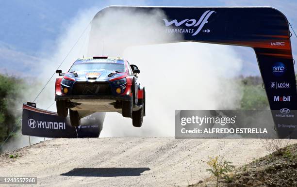 Spaniard driver Dani Sordo and Spaniard co-driver Candido Carrera of Hyundai Shell Mobis compete during the WRC Guanajuato Rally Mexico, part of the...