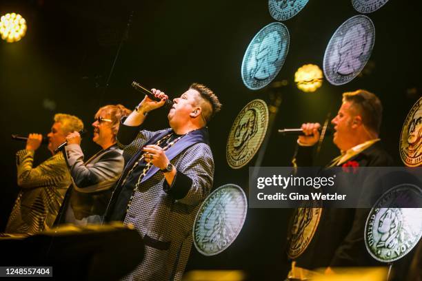 German singer Sebastian Krumbiegel of the band Die Prinzen performs live on stage during a concert at Max-Schmeling-Halle on March 18, 2023 in...