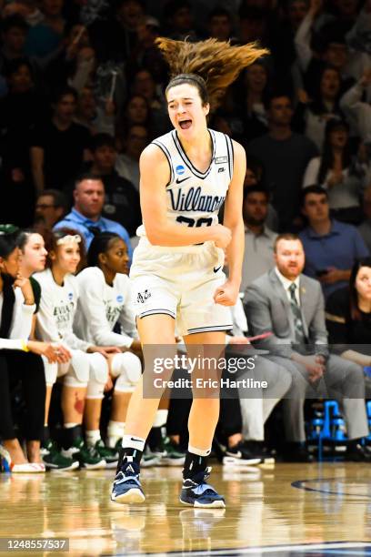 Maddy Siegrist of the Villanova Wildcats reacts to her three-point shot during the first round of the 2023 NCAA Women's Basketball Tournament held at...