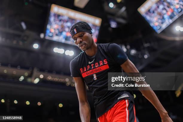 Chris Boucher of the Toronto Raptors warms up ahead of their NBA game against the Minnesota Timberwolves at Scotiabank Arena on March 18, 2023 in...