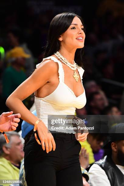 Eiza González attends the game between the Dallas Mavericks and the Los Angeles Lakers on March 17, 2023 at Crypto.Com Arena in Los Angeles,...