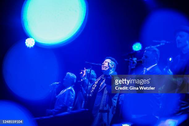 German singer Sebastian Krumbiegel of the band Die Prinzen performs live on stage during a concert at Max-Schmeling-Halle on March 18, 2023 in...