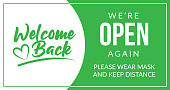 Welcome back! We are open again. Keep social distance and use a face mask. Vector open sign for the door