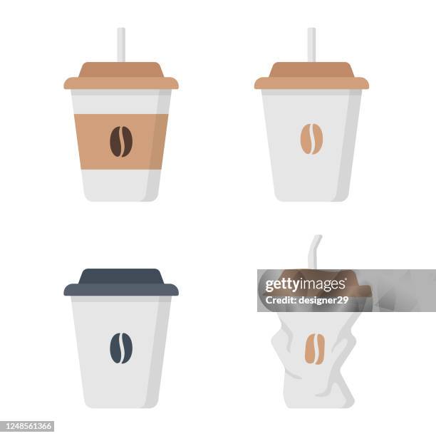 illustrazioni stock, clip art, cartoni animati e icone di tendenza di coffee cup icon set vector design. tazza frantumata e piatta di carta o plastica. - bicchiere di carta