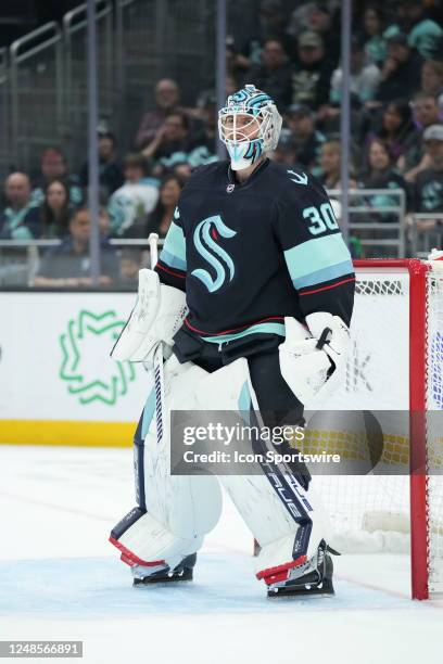 Seattle Kraken goaltender Martin Jones looks on during an NHL game between the Edmonton Oilers and the Seattle Kraken on March 18, 2023 at Climate...