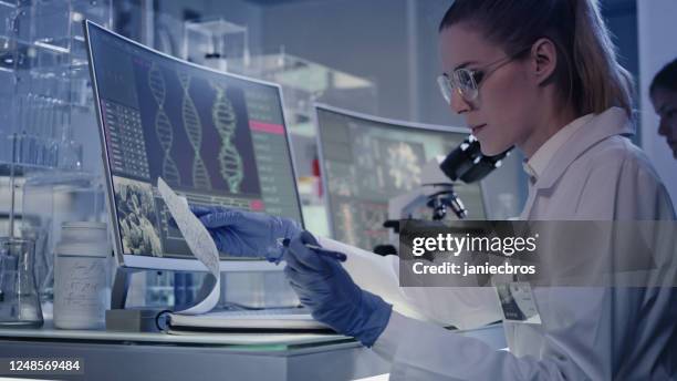 vrouwelijk onderzoeksteam dat dna-mutaties bestudeert. computerschermen met de helix van dna in voorgrond - brain model stockfoto's en -beelden
