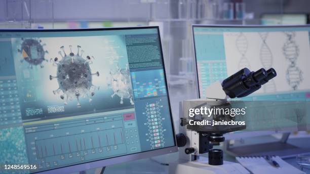 futuristic laboratory equipment - fighting with coronavirus - equipamento de laboratório imagens e fotografias de stock