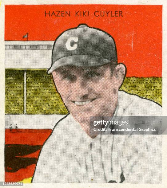 Bubble gum insert card features a colorized photograph of American baseball player Kiki Cuyler (born Hazen Shirley Cuyler, 1898 - 1950, of the...