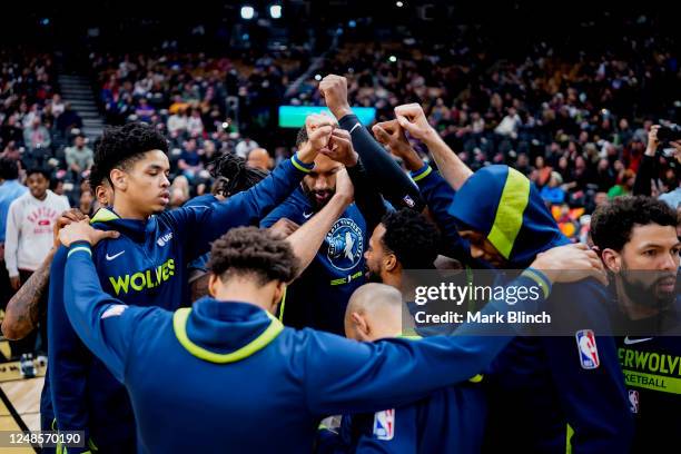 The Minnesota Timberwolves huddle up before the game against the Toronto Raptors on March 18, 2023 at the Scotiabank Arena in Toronto, Ontario,...