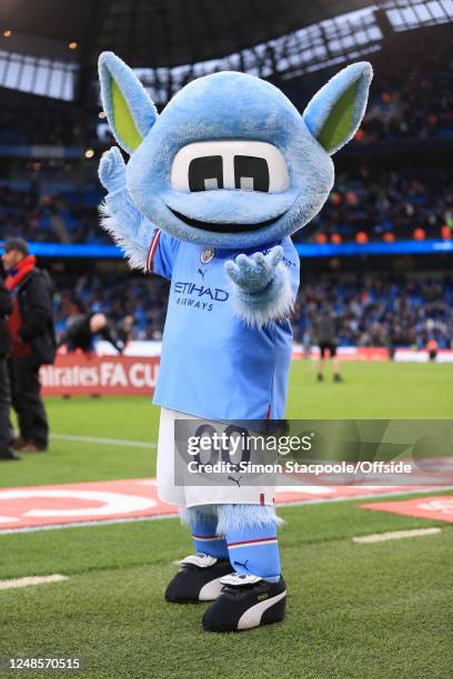 Manchester City mascot Moonchester poses during the Emirates FA Cup Quarter Final match between Manchester City and Burnley at Etihad Stadium on...