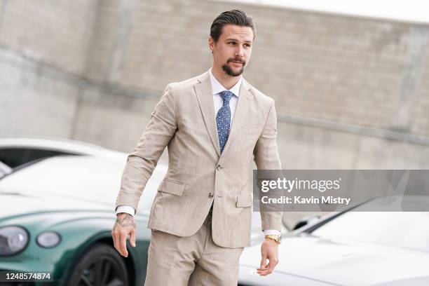 Erik Karlsson of the San Jose Sharks arrives at the arena before the game against the New York Islanders at SAP Center on March 18, 2023 in San Jose,...