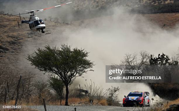 Spaniard driver Dani Sordo and Spaniard co-driver Candido Carrera of Hyundai Shell Mobis compete during the WRC Guanajuato Rally Mexico, part of the...