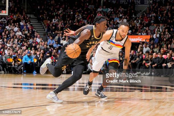 Pascal Siakam of the Toronto Raptors dribbles the ball against the Minnesota Timberwolves on March 18, 2023 at the Scotiabank Arena in Toronto,...