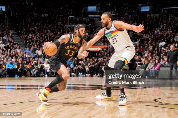 Gary Trent Jr. #33 of the Toronto Raptors dribbles the ball against the Minnesota Timberwolves on March 18, 2023 at the Scotiabank Arena in Toronto,...