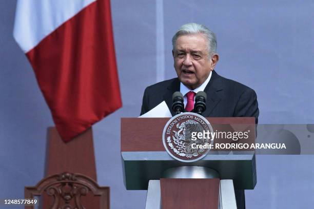 Mexican President Andres Manuel Lopez Obrador delivers a speech after a demonstration following the president's call for the 85th anniversary of the...